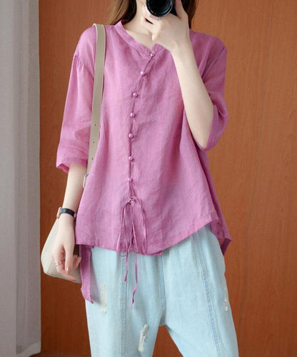diy pink clothes For Women stand collar asymmetric blouse - SooLinen