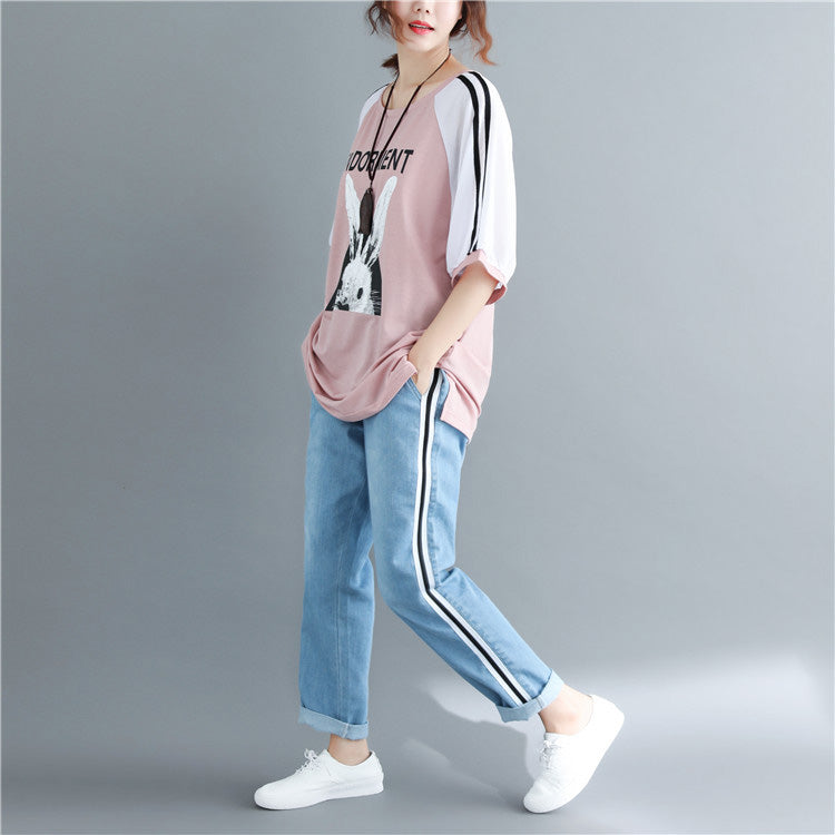 DIY rosa Druck Baumwollkleidung für Frauen Vintage Fotografie O Hals Baumwolloberteile