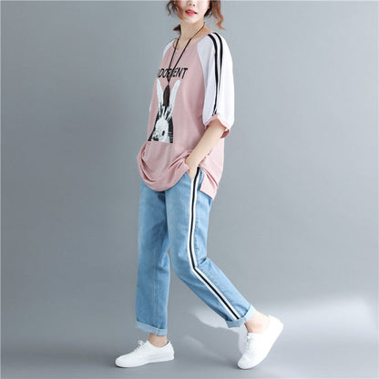 DIY rosa Druck Baumwollkleidung für Frauen Vintage Fotografie O Hals Baumwolloberteile