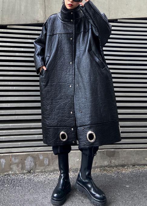 diy stand collar Plus Size PU clothes For Women black thick loose coats - SooLinen