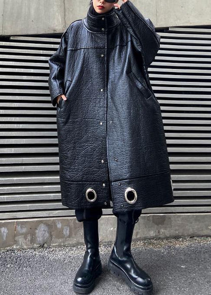 diy stand collar Plus Size PU clothes For Women black thick loose coats - SooLinen