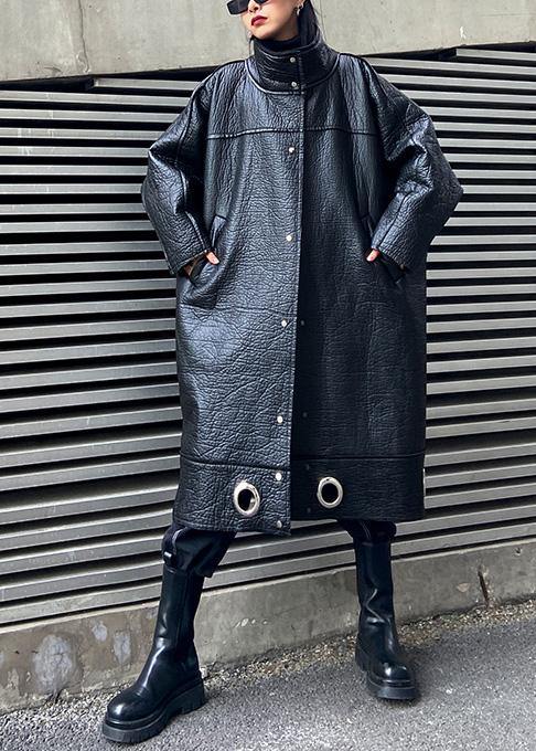 diy stand collar Plus Size PU clothes For Women black thick loose coats - SooLinen