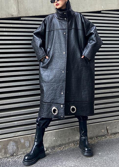 diy stand collar Plus Size PU clothes For Women black thick loose coats - SooLinen