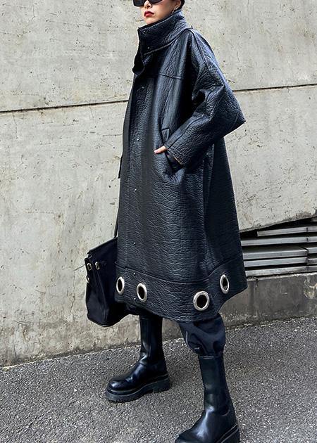 diy stand collar Plus Size PU clothes For Women black thick loose coats - SooLinen