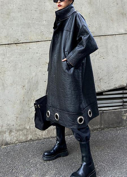 diy stand collar Plus Size PU clothes For Women black thick loose coats - SooLinen