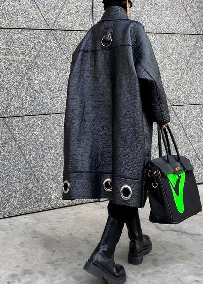 diy stand collar Plus Size PU clothes For Women black thick loose coats - SooLinen