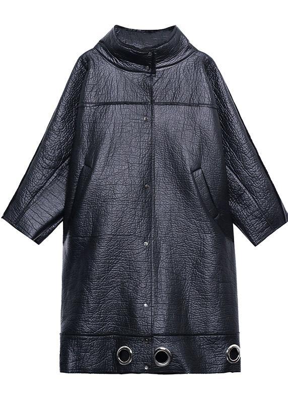 diy stand collar Plus Size PU clothes For Women black thick loose coats - SooLinen