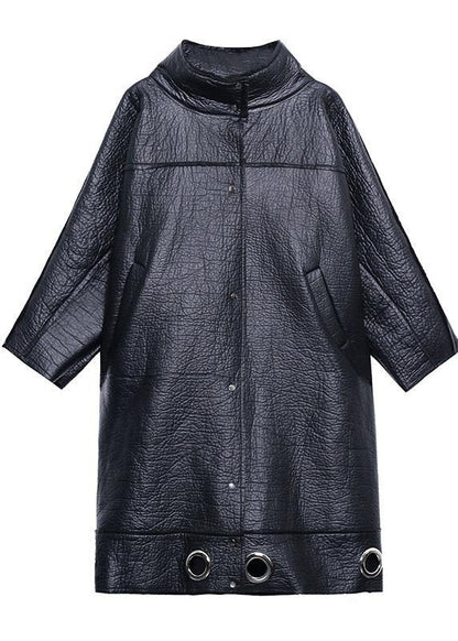 diy stand collar Plus Size PU clothes For Women black thick loose coats - SooLinen