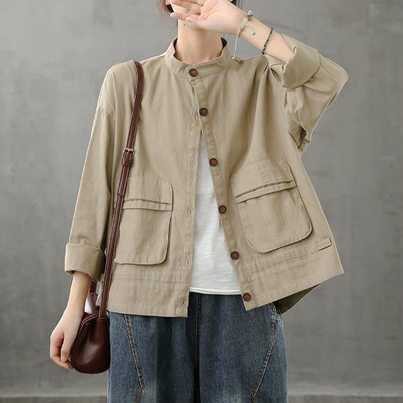 diy stand collar pockets Fine coat khaki silhouette coat - SooLinen