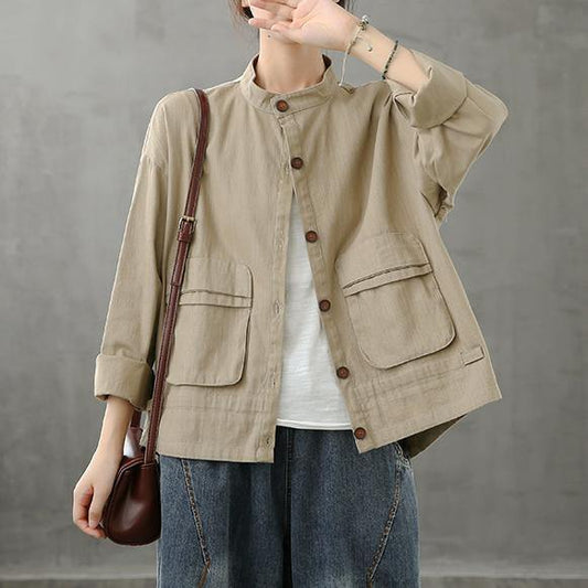 diy stand collar pockets Fine coat khaki silhouette coat - SooLinen