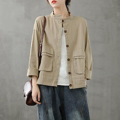 diy stand collar pockets Fine coat khaki silhouette coat - SooLinen
