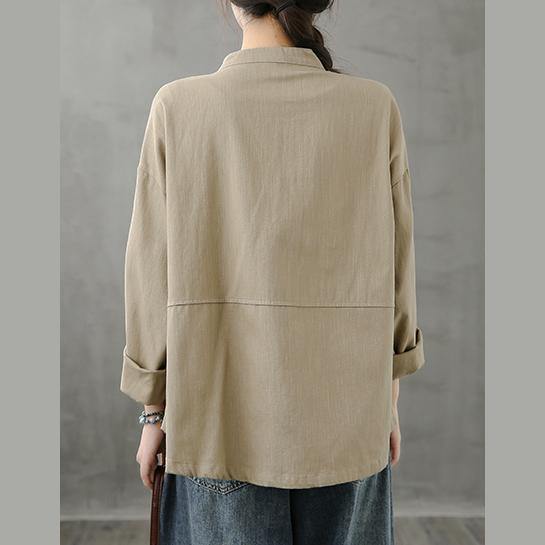 diy stand collar pockets Fine coat khaki silhouette coat - SooLinen
