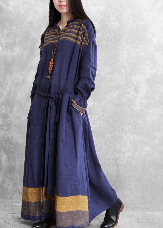 diy stand collar tie waist Plus Size tunic coat blue Midi women coats - SooLinen