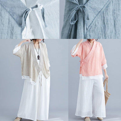 diy v neck half sleeve cotton linen clothes For Women nude blouses summer - SooLinen