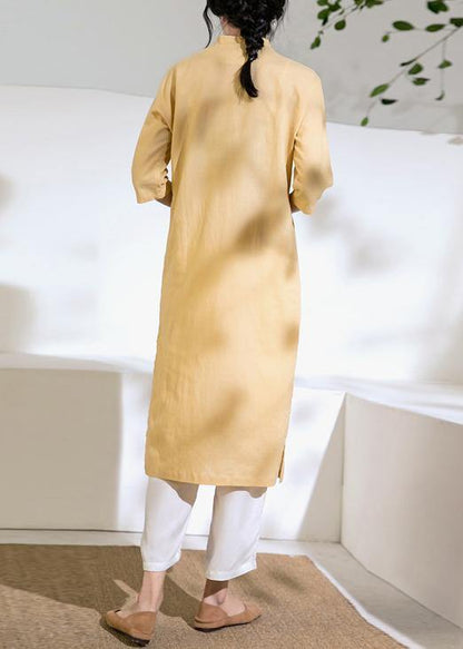 diy yellow linen dress stand collar embroidery shift summer Dress - SooLinen