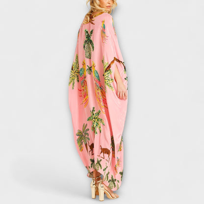 Linda - Eye-catching Dress with Asymmetrical Shoulders and Coconut Tree Print