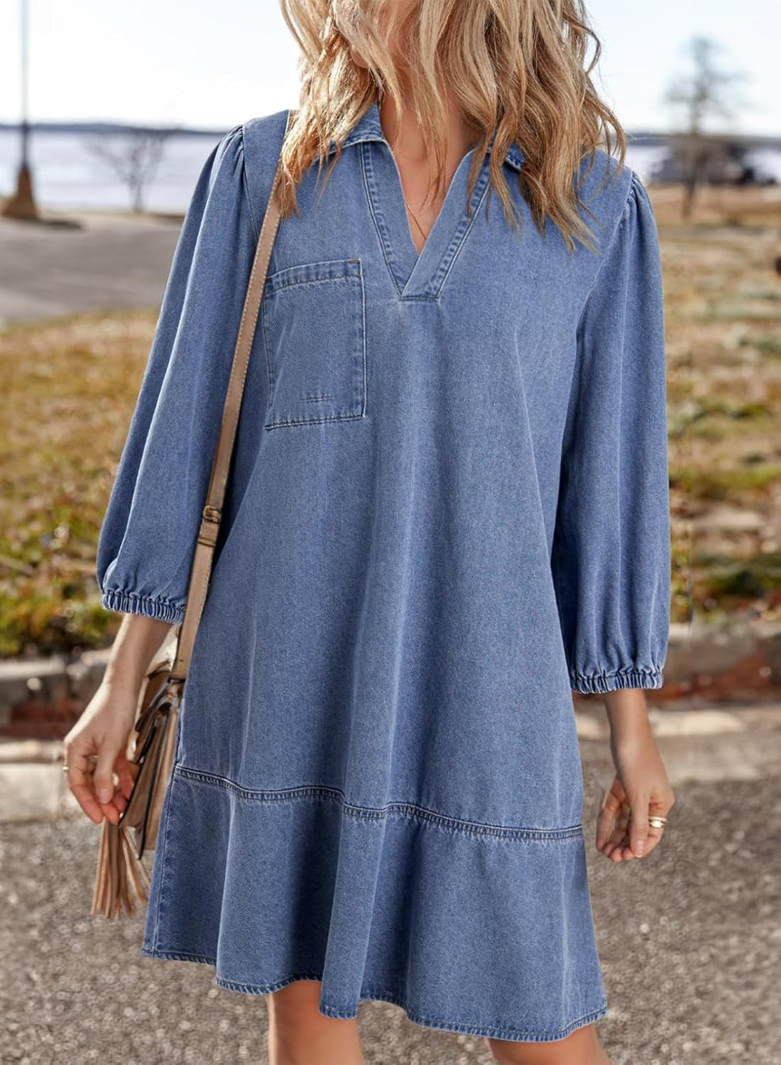 ✨Women's V-neck Puff Sleeve Denim Layered Dress