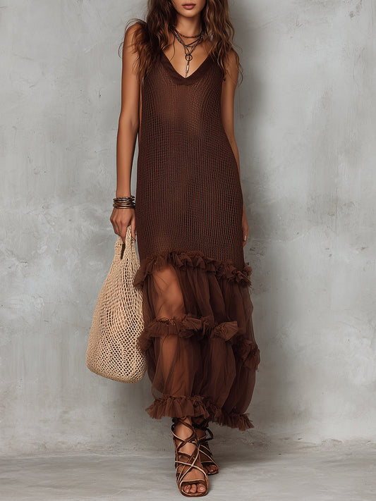 Bohemian Knitted Straight-cut Maxi Dress With Mesh Hem