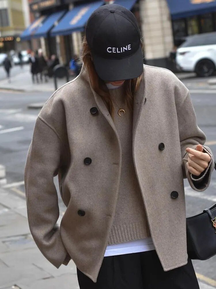 Stand-collar double-breasted loose-fit cropped casual jacket