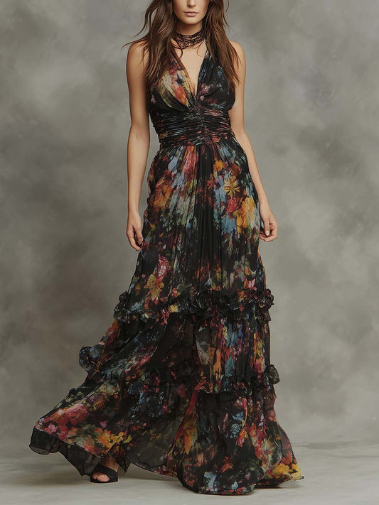 Bohemian Multicolor Abstract Chiffon Tiered Maxi Dress