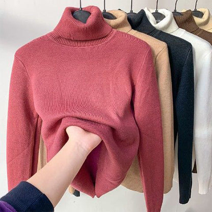 Basic Solid Color High-Neck Fleece-Lined Thermal Knit Base Layer