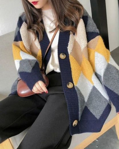 Contrast-Color Diamond-Quilted Oversized Knit Cardigan