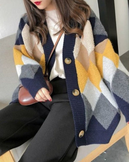 Contrast-Color Diamond-Quilted Oversized Knit Cardigan
