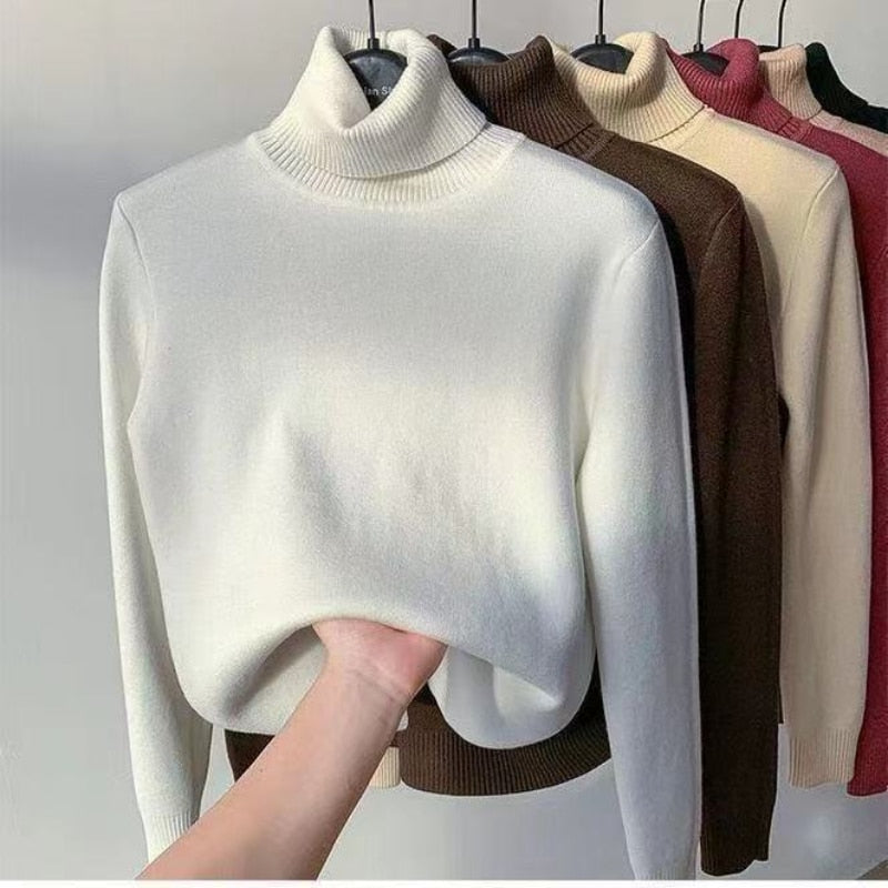 Basic Solid Color High-Neck Fleece-Lined Thermal Knit Base Layer