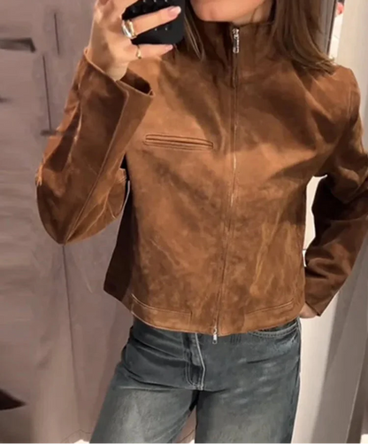 Camel Suede Stand Collar Zipper Short Casual Jacket