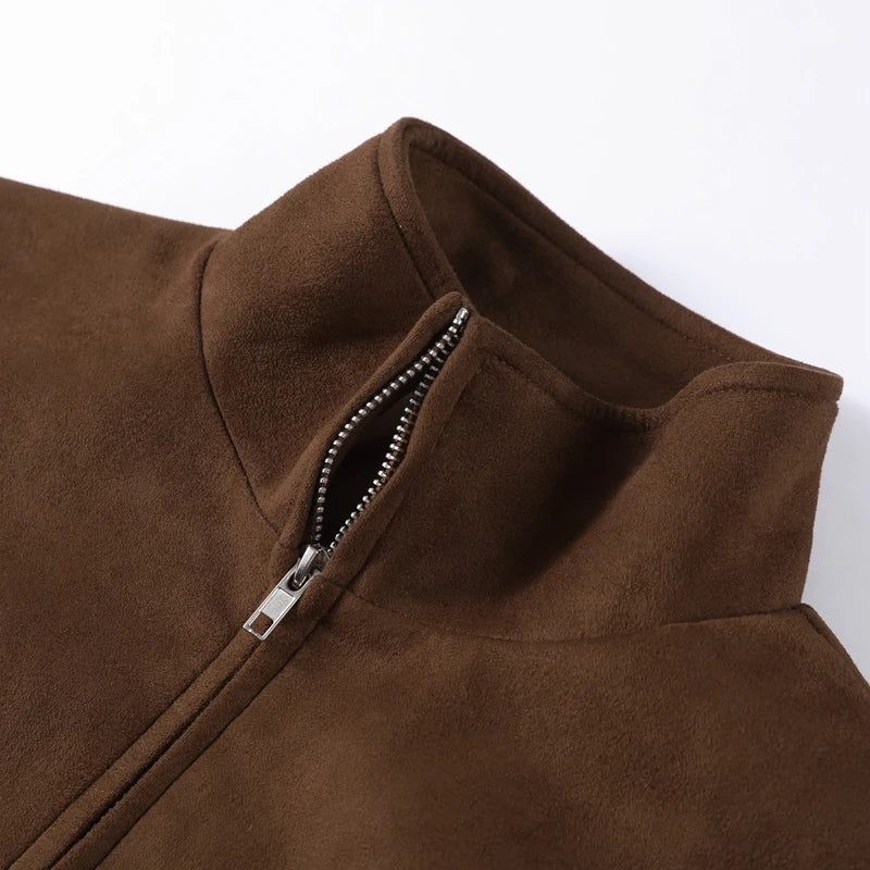Camel Suede Stand Collar Zipper Short Casual Jacket