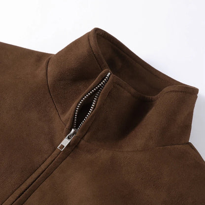 Camel Suede Stand Collar Zipper Short Casual Jacket
