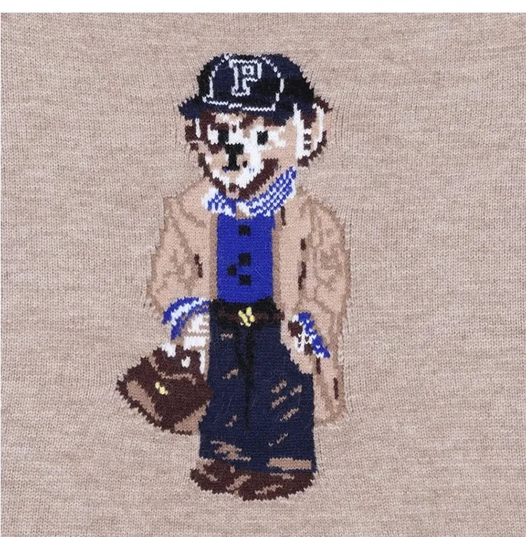 Milky White Two-Piece Style Striped Collar Bear Embroidered Preppy Knit Sweater