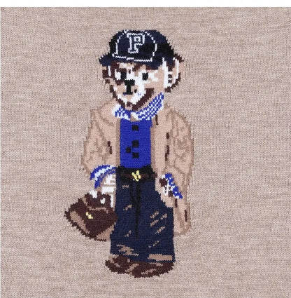 Milky White Two-Piece Style Striped Collar Bear Embroidered Preppy Knit Sweater