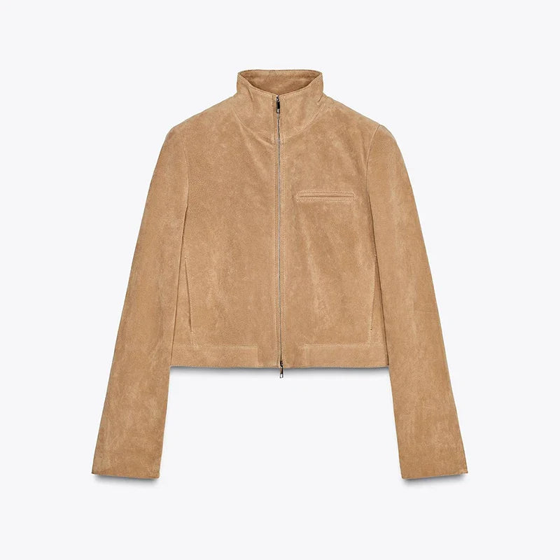 Camel Suede Stand Collar Zipper Short Casual Jacket