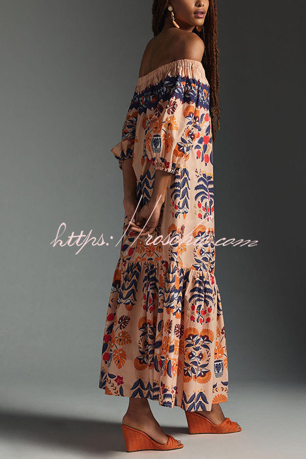 Island Print Off-Shoulder Flowy Midi Dress