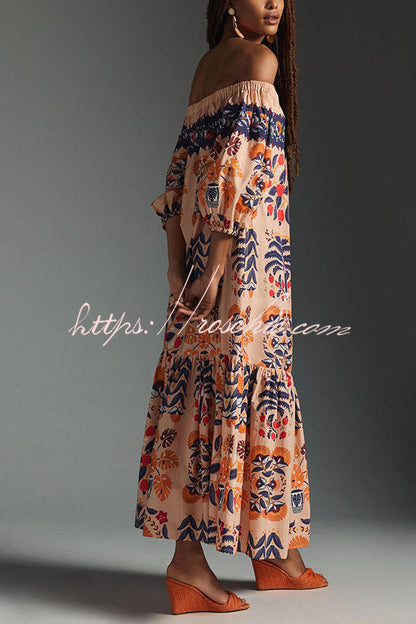 Island Print Off-Shoulder Flowy Midi Dress