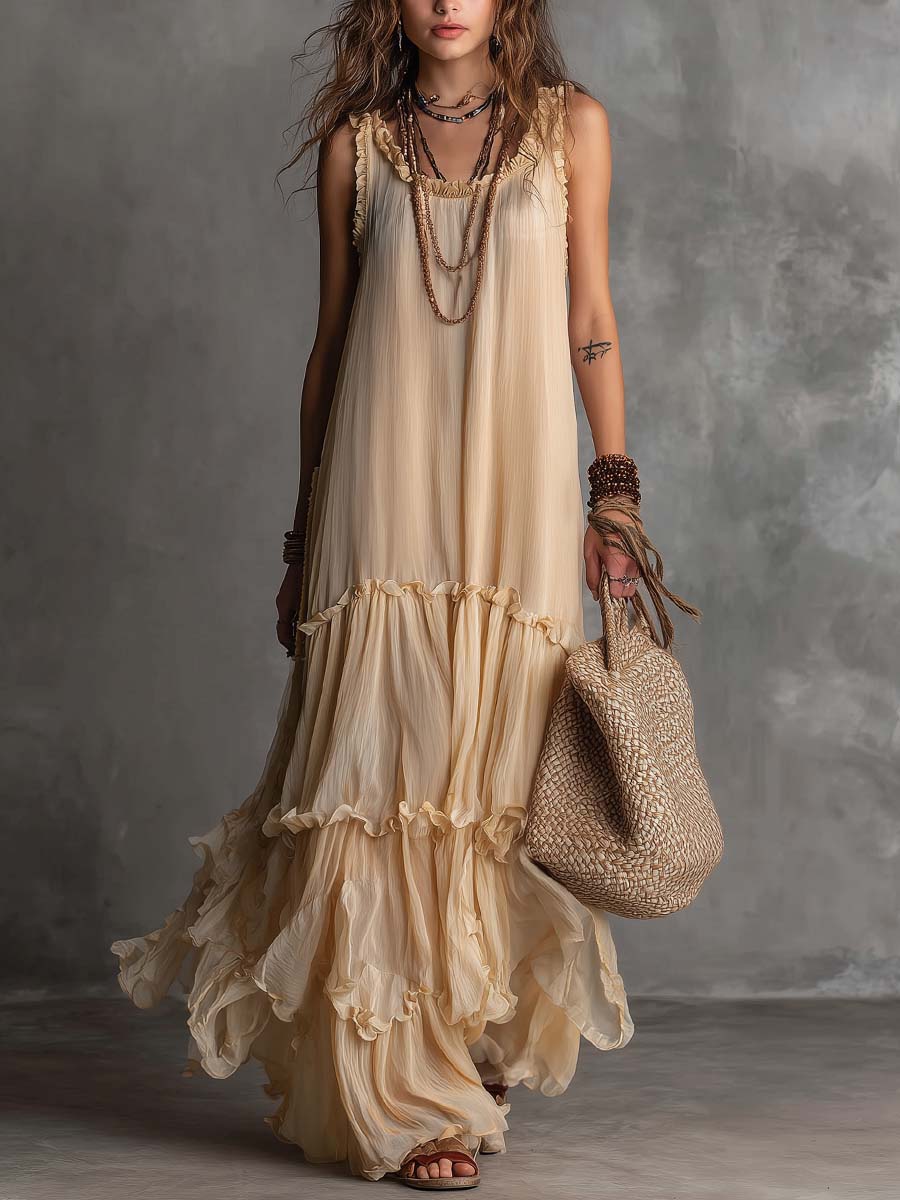 Soft Cream Vintage Flow Boho Tiered Ruffle Maxi Dress