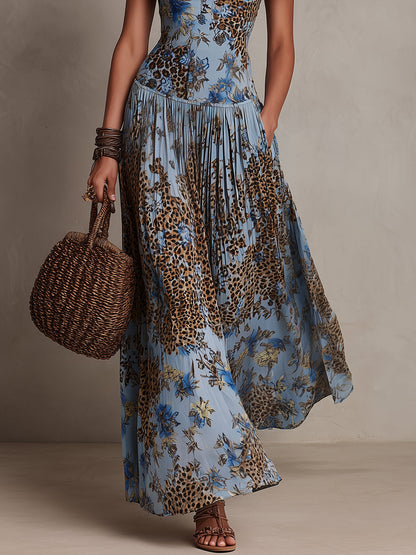 Holiday Keyhole Neckline Leopard Print Pleated Maxi Dress