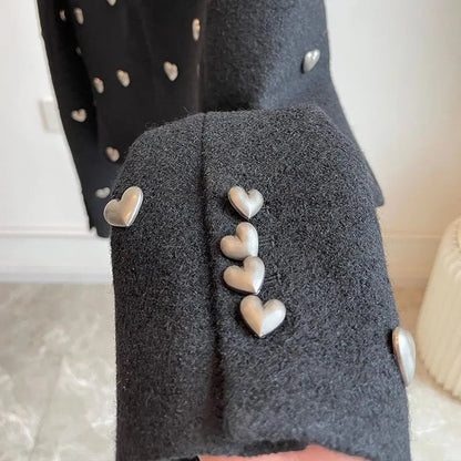 Black-based silver-heart chunky knit Chanel-style cropped jacket