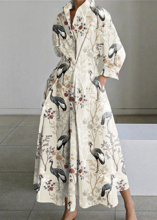 2024 Rosa-Blumen Peter Pan Kragen Taschen Baumwolle Kleid Langarm