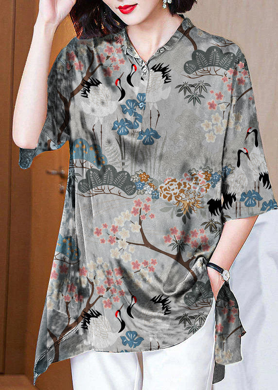 Italienische Dunkelblau Peter Pan Kragen taste Asymmetrische druck Seide tops Frühling