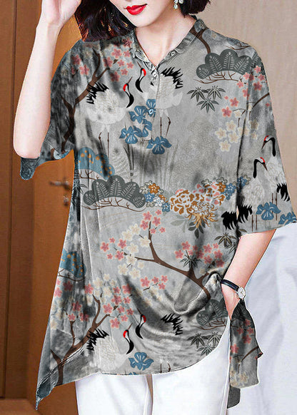 Italienische Dunkelblau Peter Pan Kragen taste Asymmetrische druck Seide tops Frühling