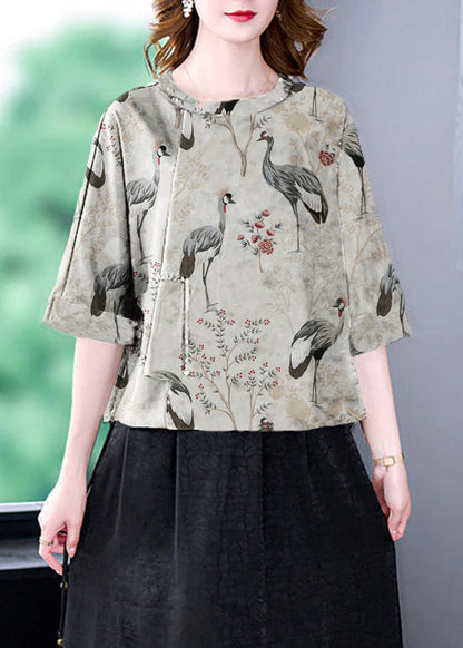 Schwarzes Patchwork-Oberteil mit O-Ausschnitt und Kranich-Print