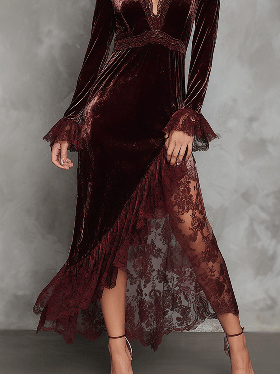 Vintage Wine Red Velvet Lace Panels Slit Maxi Dress