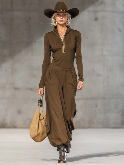 Casual Retro Sports Dark Gray Half-high Collar Front Zipper Long-sleeved Top And Wide Pants Set