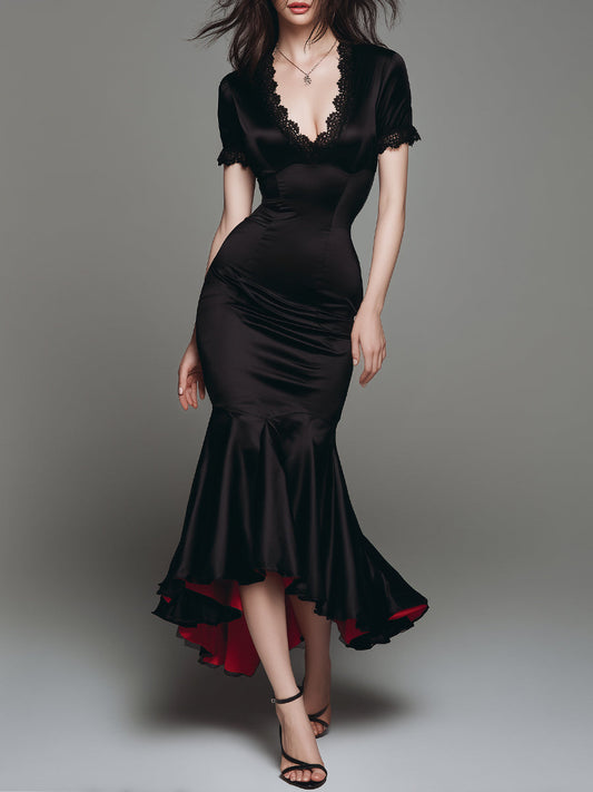 Elegant Satin Red Lined Fishtail Maxi Dress With Lace Trim