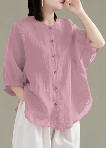 Art Black O-Neck Button Linen Loose Shirt Top Lantern Sleeve