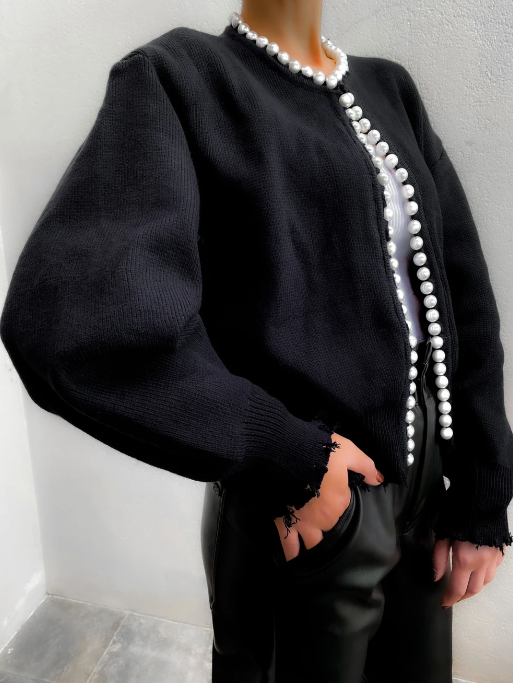 Pearl Chain V-Neck Oversized Knit Cardigan