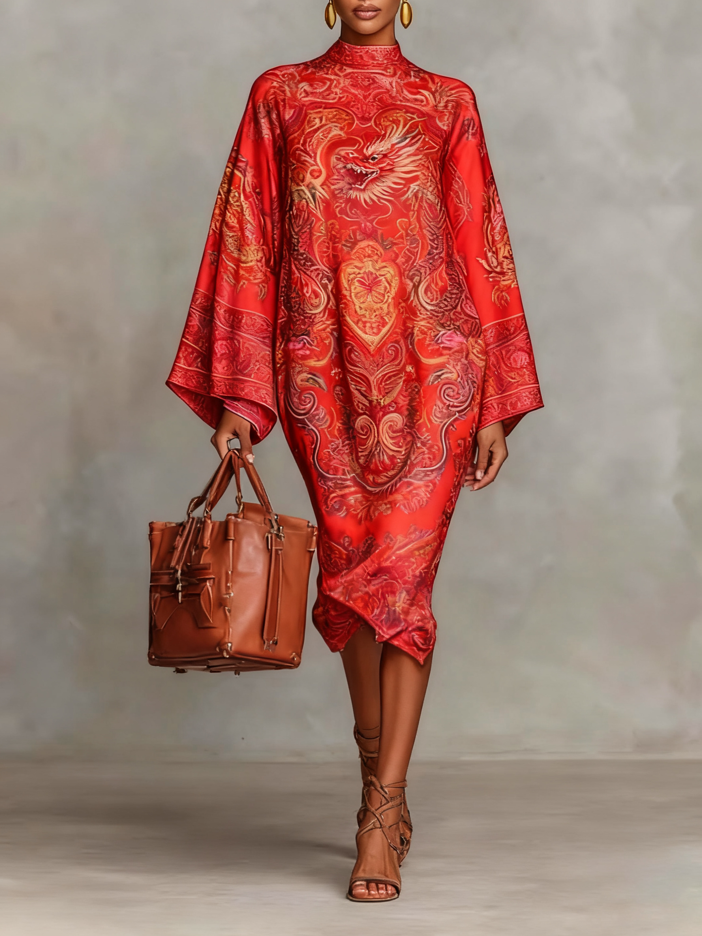 Women's Paisley Print Crew Neck Flared Long Sleeve Loose Medium Dress