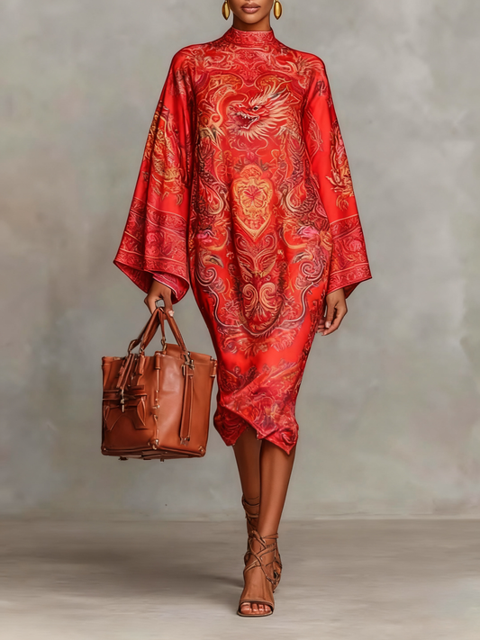 Women's Paisley Print Crew Neck Flared Long Sleeve Loose Medium Dress